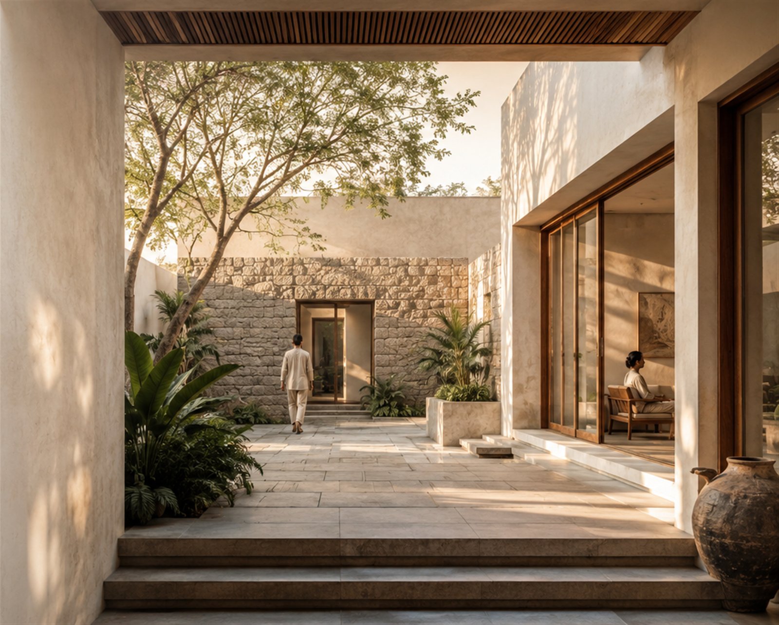 A serene contemporary courtyard framed by warm stone and timber
